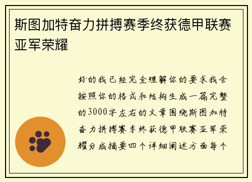 斯图加特奋力拼搏赛季终获德甲联赛亚军荣耀