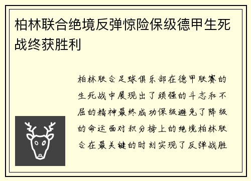 柏林联合绝境反弹惊险保级德甲生死战终获胜利